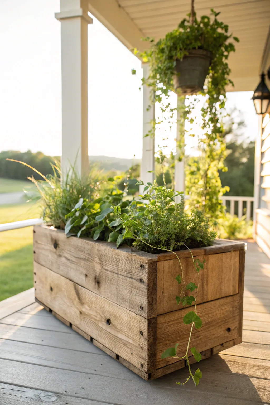 Embrace rustic elegance with this DIY wooden box planter, perfect for a touch of countryside charm on your porch.