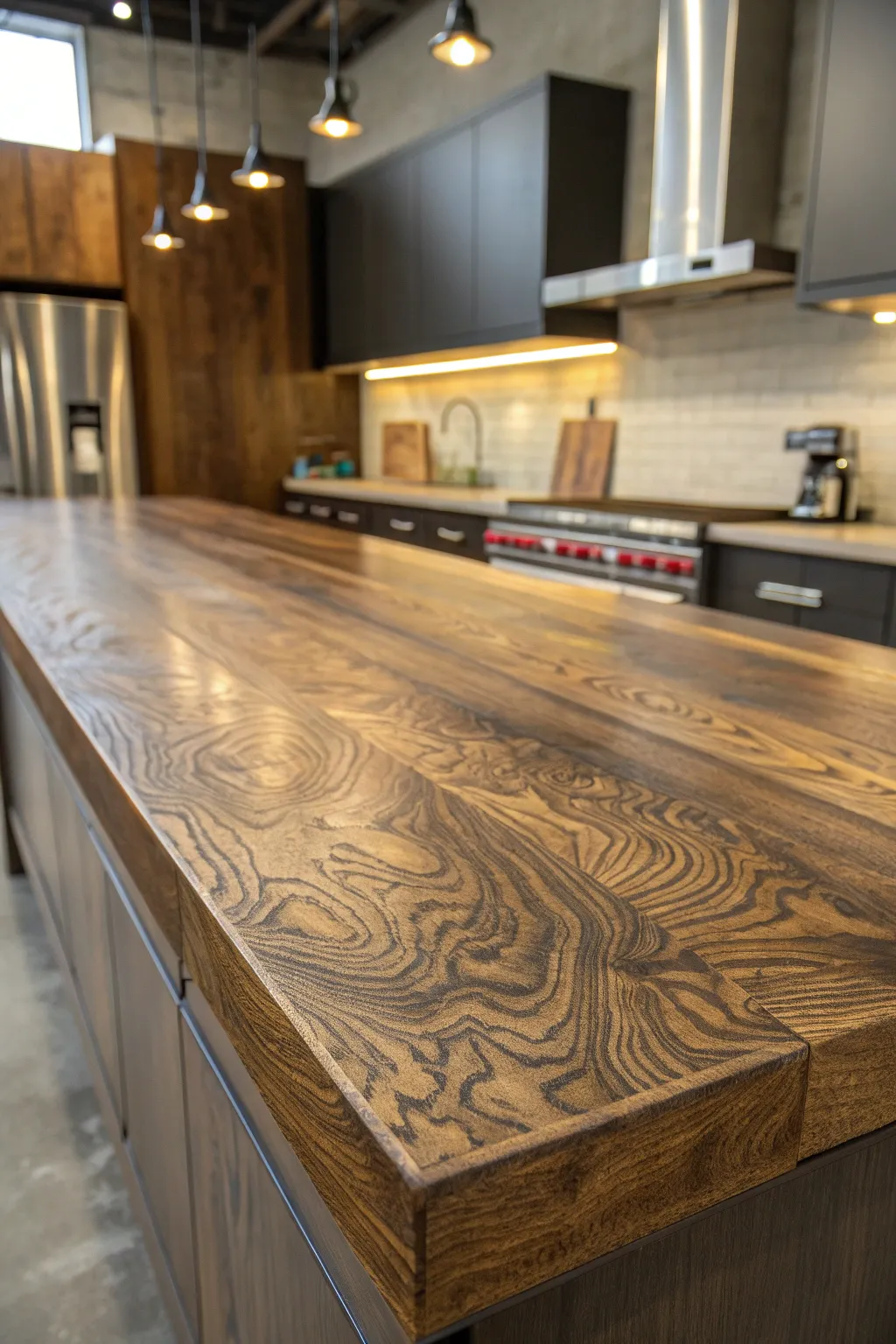 Elevate your kitchen's style with a stunning handcrafted plywood countertop, where oak and walnut stains create a masterpiece of natural beauty.