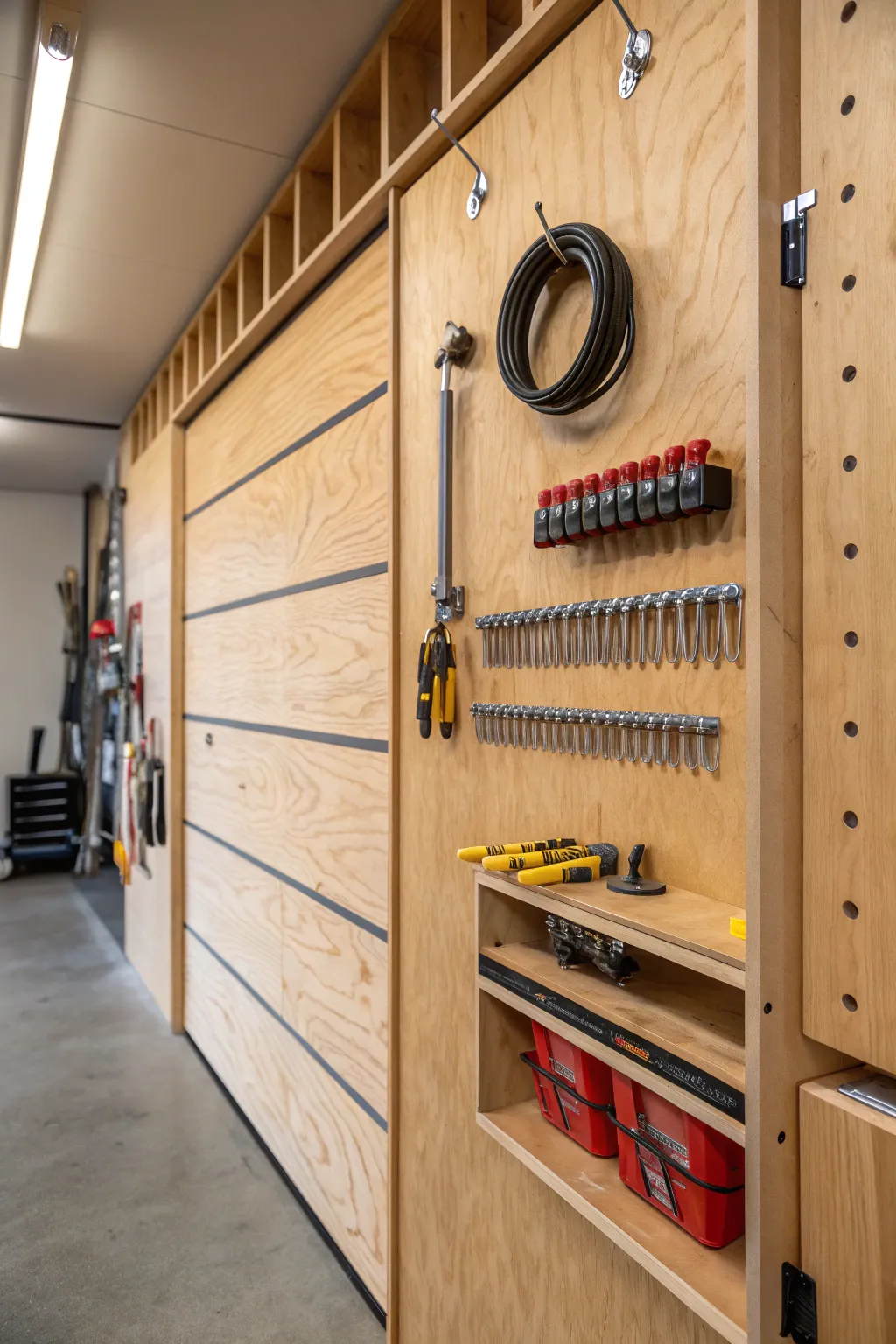 Transform your garage with custom plywood shelving for a sleek and functional storage solution.
