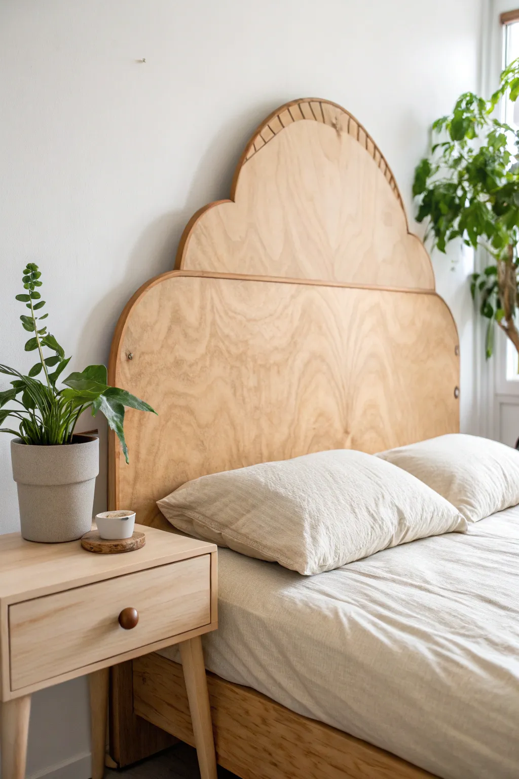 Create your perfect sanctuary with a custom plywood headboard that embodies simplicity and natural beauty. #ScandinavianDesign #MinimalistLiving #DIYHomeDecor
