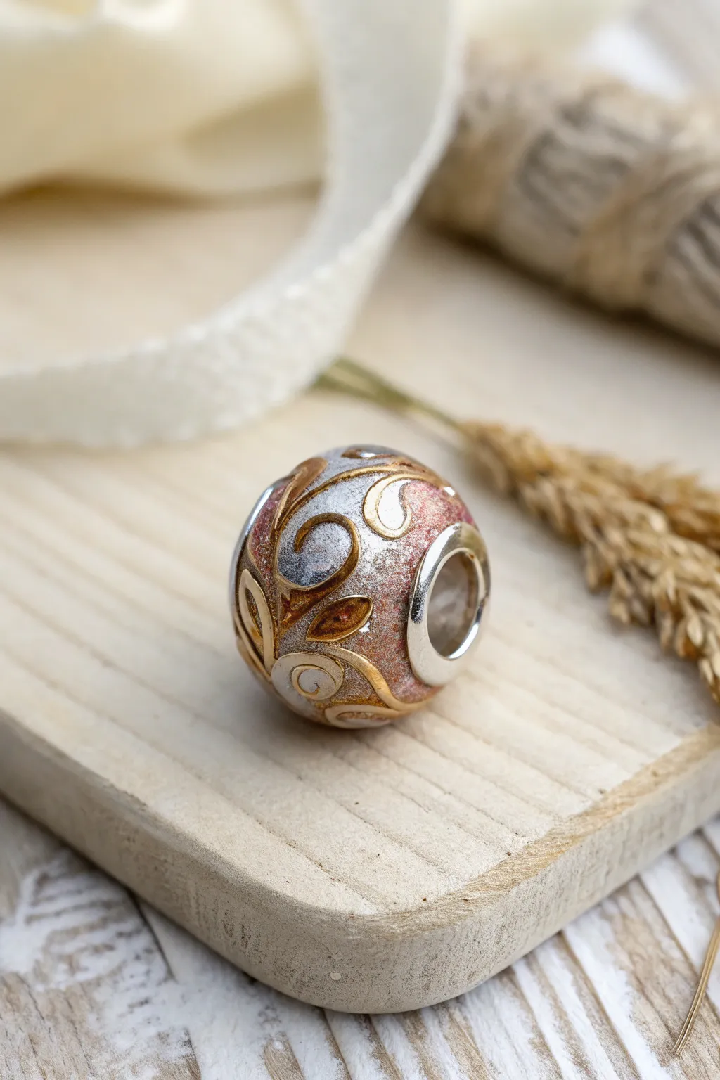 Discover the allure of metallic magic with this stunning polymer clay bead, where craftsmanship meets elegance.