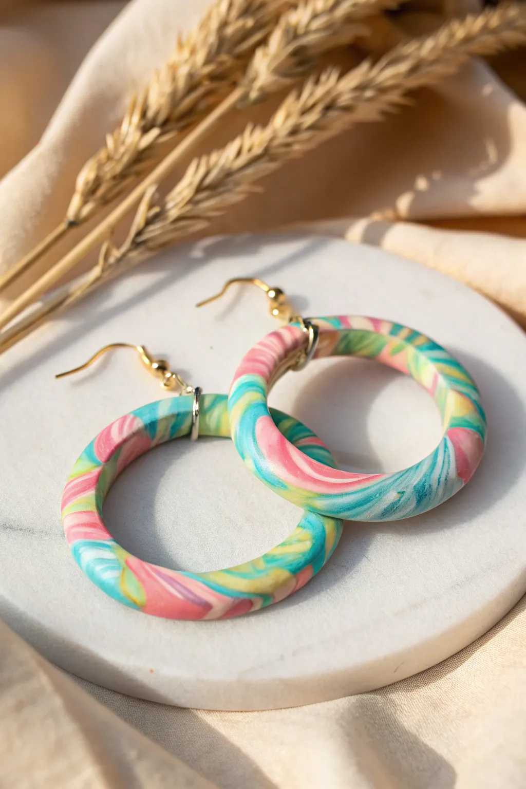 Add a splash of color to your style with these handmade polymer clay hoop earrings!