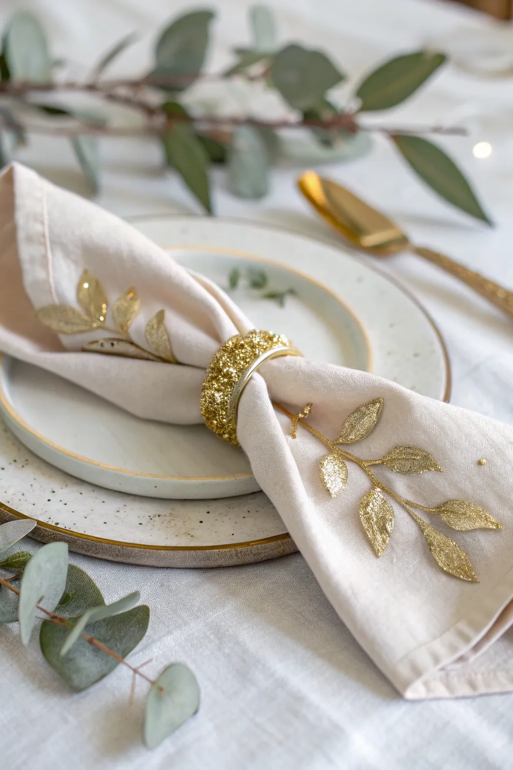 Elevate your table setting with these luxurious gold leaf napkin rings, perfect for adding a touch of festive elegance.
