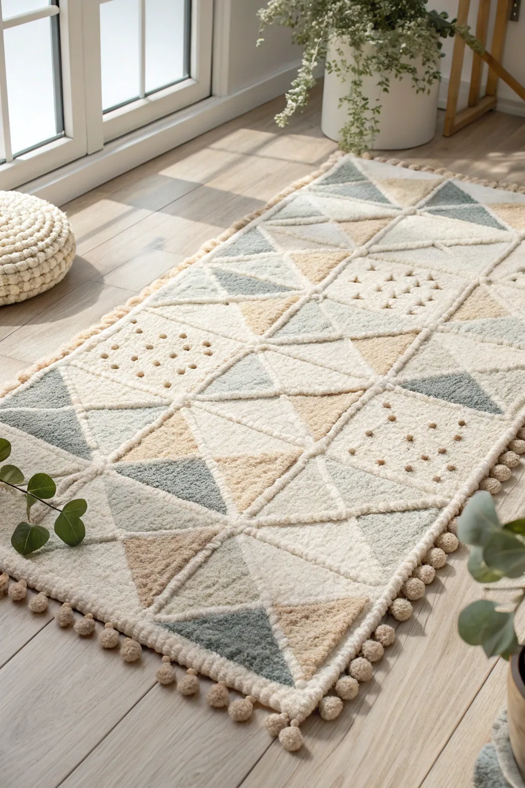Transform your space with a geometric pom pom rug that blends simplicity with artistry.