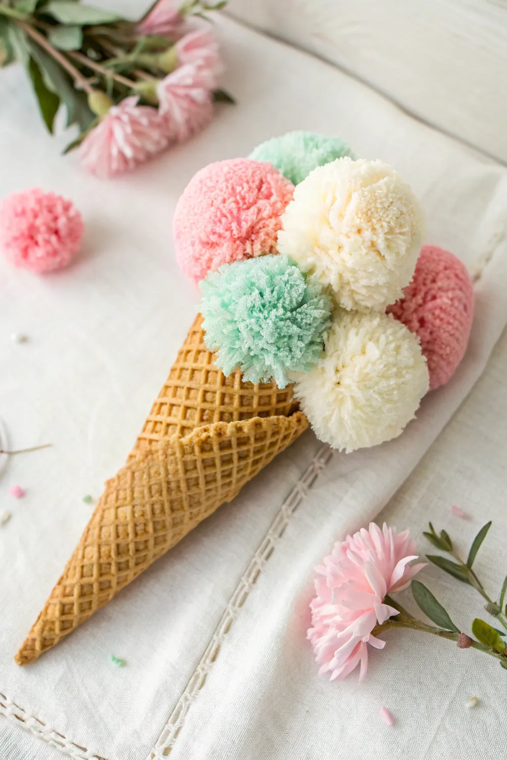 Delightfully chic and playful, this pom pom ice cream cone adds a whimsical touch to any celebration.