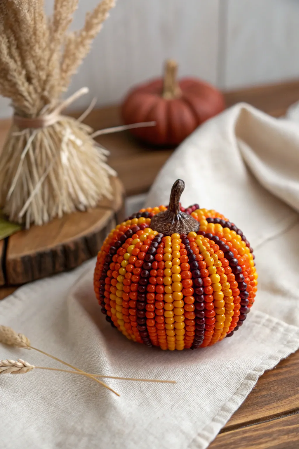 Celebrate autumn with a handcrafted pony bead pumpkin, blending minimalist elegance and boho warmth.