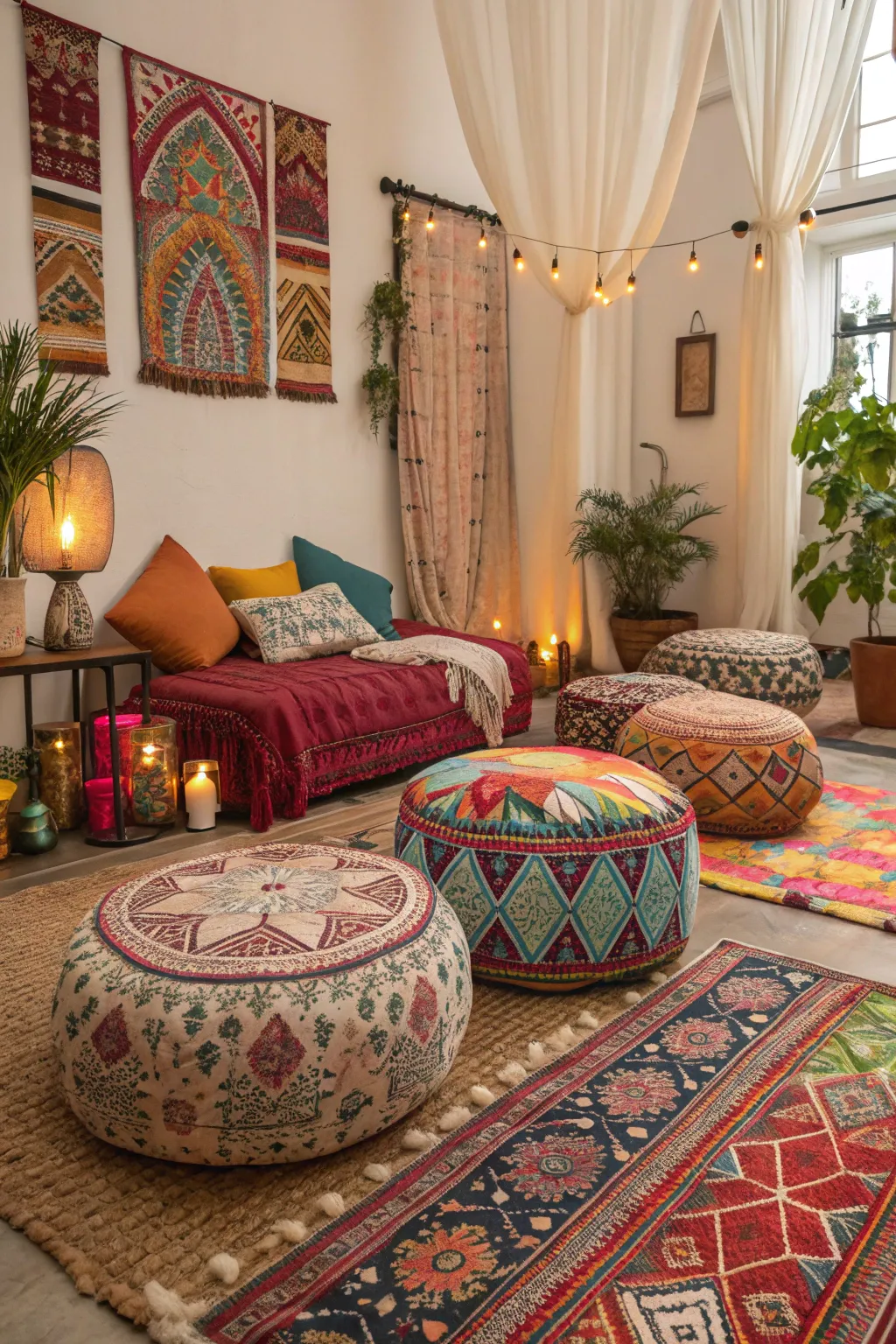 Patterned poofs bring a bohemian vibe to this cozy space.