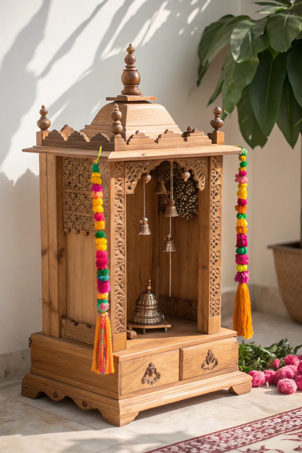 Brighten your space with a touch of vibrant elegance—craftsmanship meets color in this stunning pooja mandir decor!