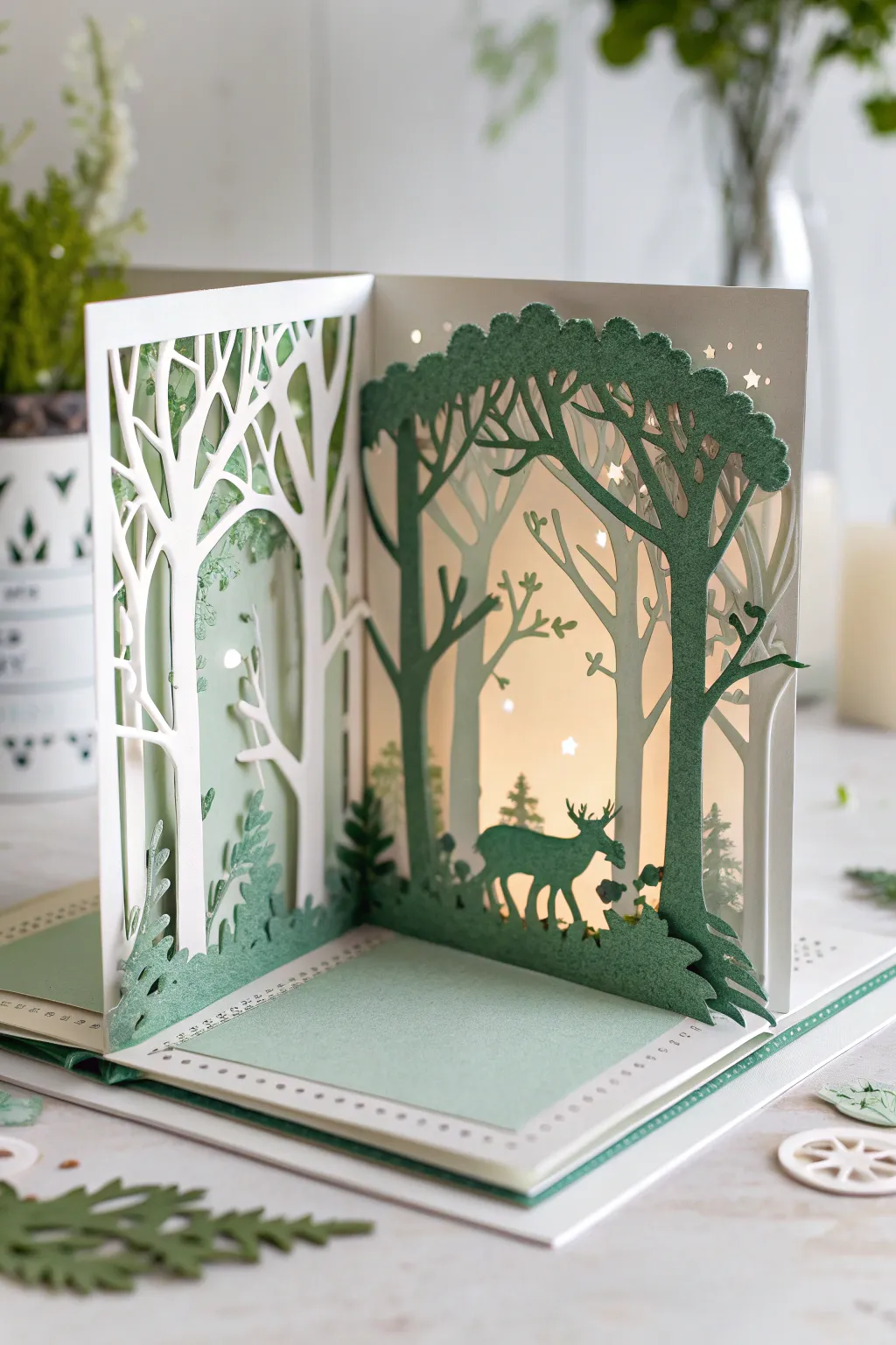 Step into a magical world with this enchanting forest pop-up card, a perfect blend of Scandinavian minimalism and Boho charm.