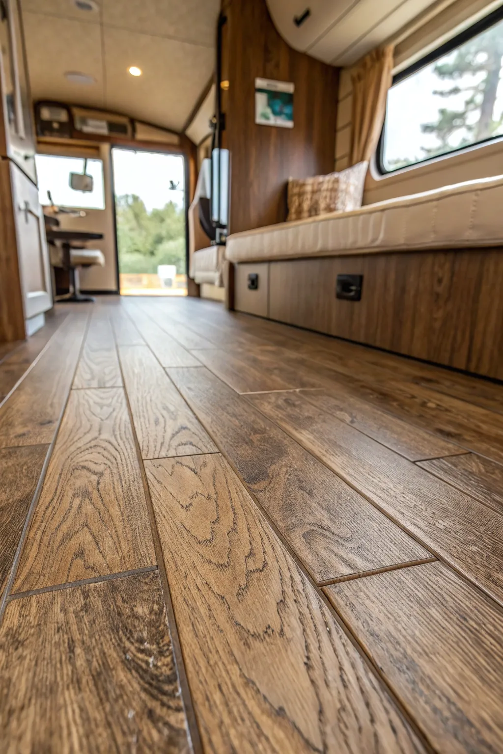 Transform your camper's vibe with rustic vinyl flooring: where style meets craftsmanship.