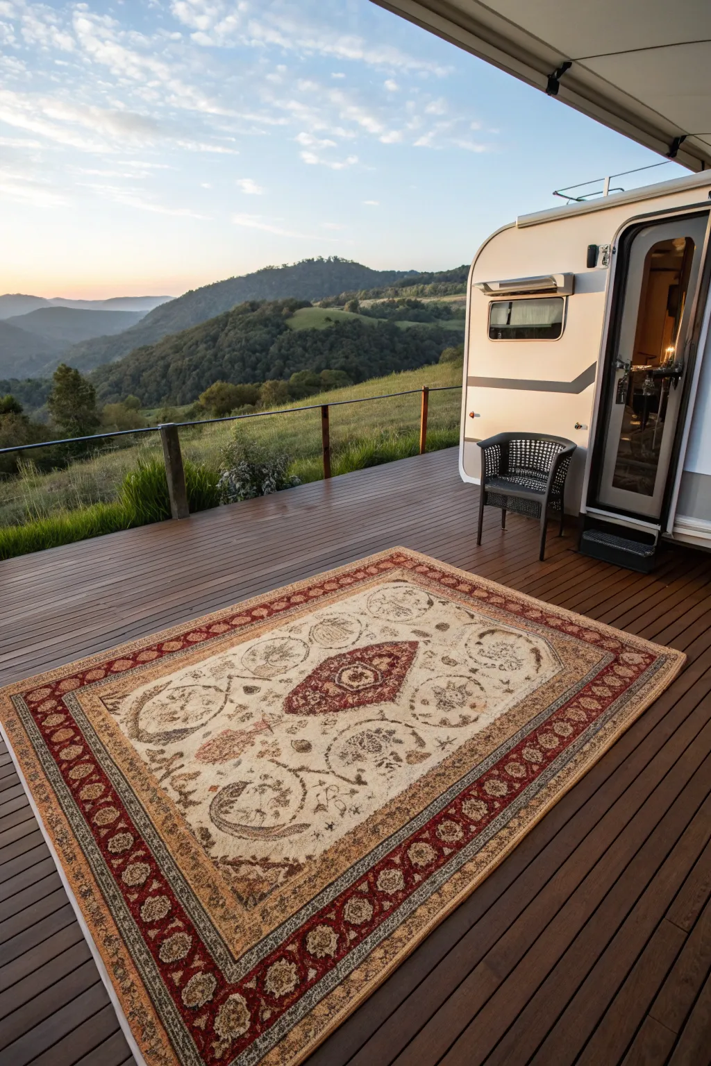 Transform your RV deck into a Roll-Out Rug Oasis for the perfect blend of style and comfort.