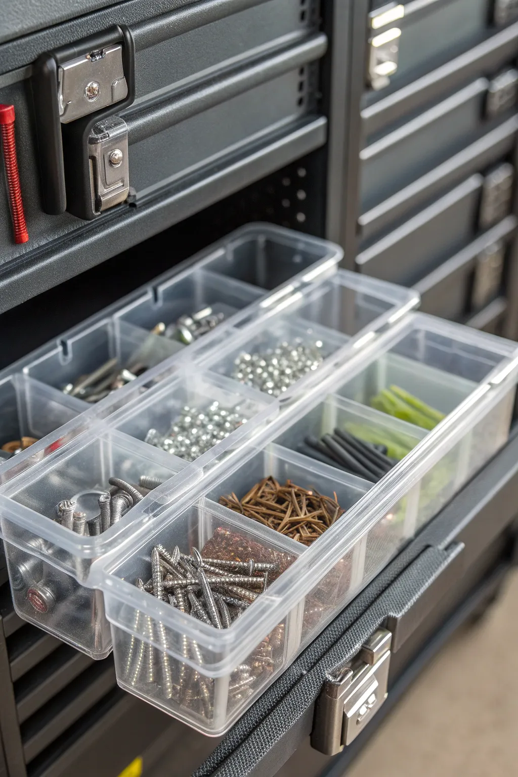 Streamline your DIY projects with clear bins for quick and easy access to small parts.
