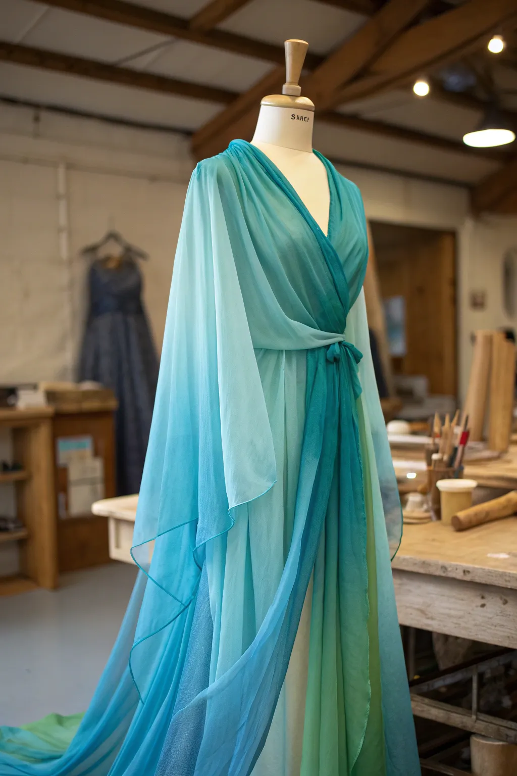 Craft your Poseidon look with this exquisite ocean-inspired robe, a masterpiece of flowing chiffon.