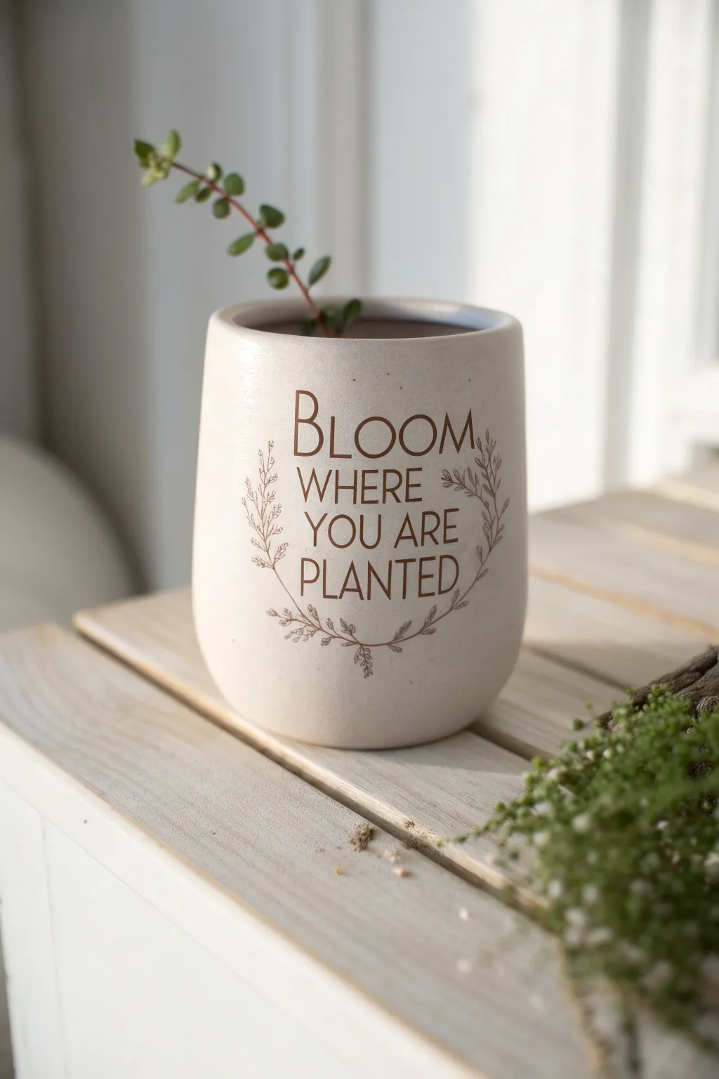 Embrace simplicity and inspiration with this beautifully crafted pot, reminding you to 'Bloom where you are planted.'