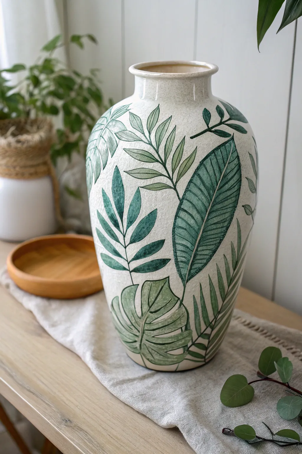 Embrace nature's elegance with bold botanical leaves on handcrafted pottery.