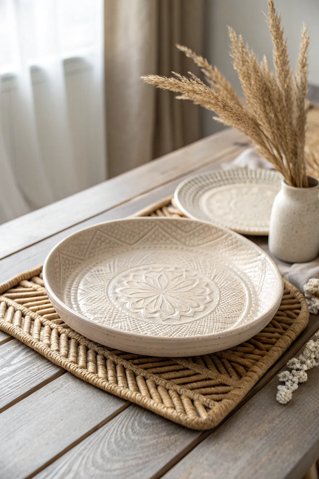 Embrace the tactile allure of textured elegance with a lace-imprinted pottery platter, where craftsmanship meets minimalist beauty.