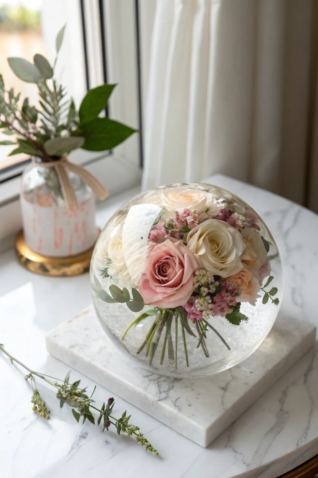 Capture the everlasting beauty of your special day with a resin-encased bouquet, a perfect blend of nature and artistry.