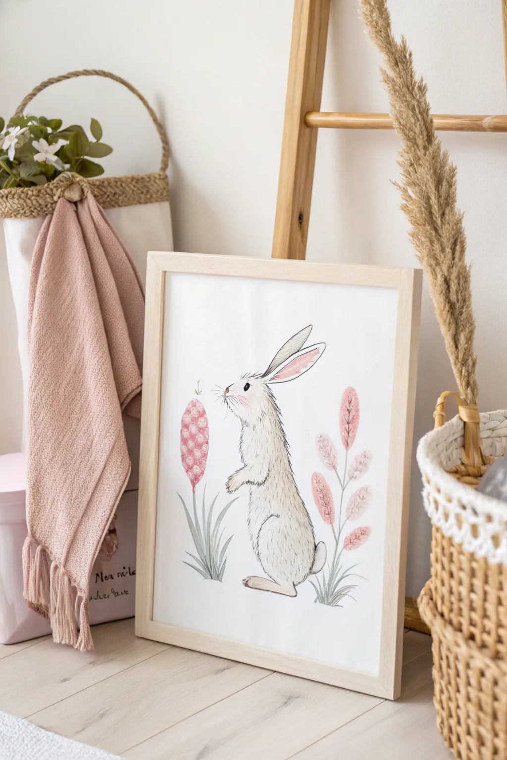 Whimsy Meets Craft: Embrace the gentle charm of printmaking with a playful pastel rabbit.