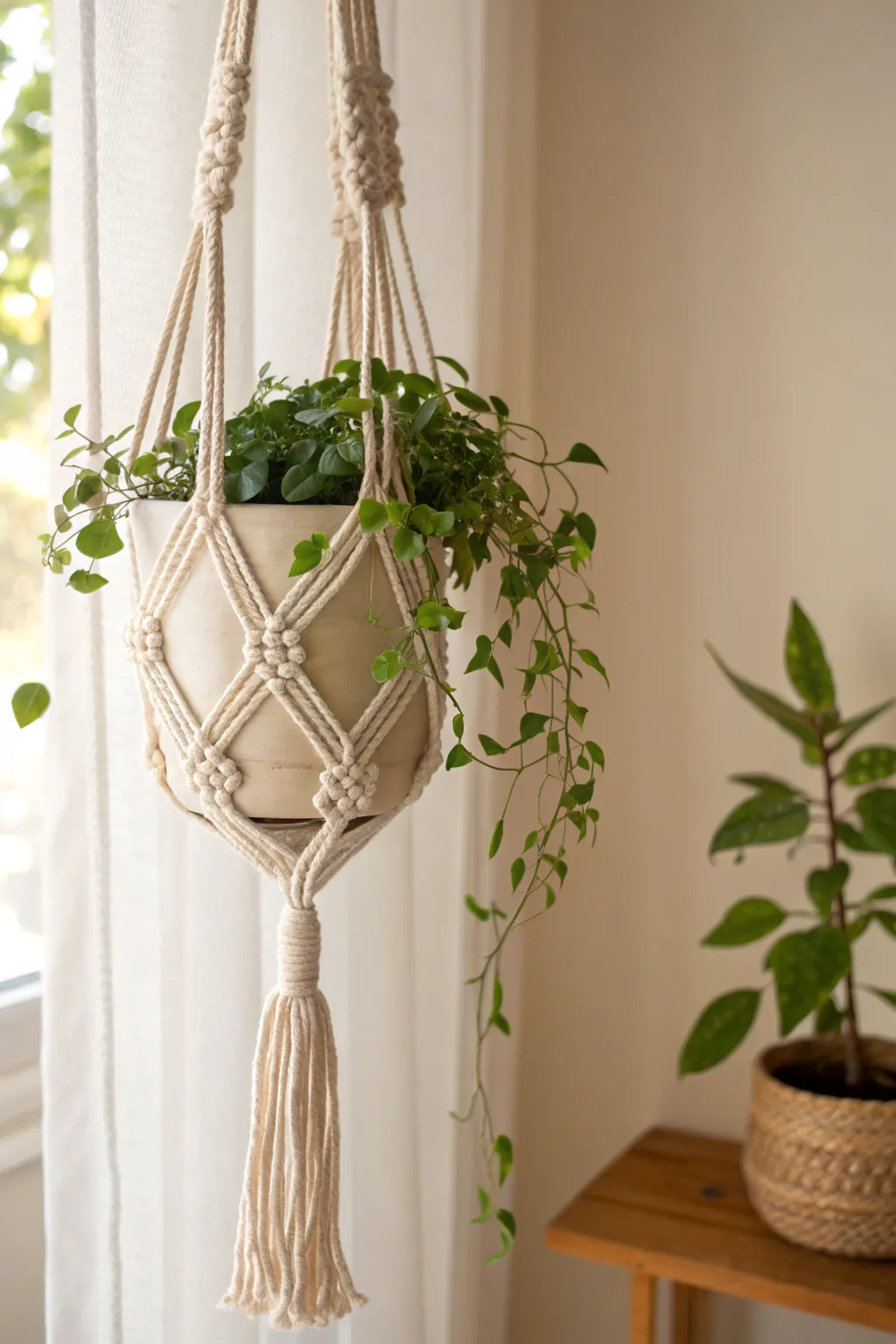 Embrace the boho-chic trend with this handcrafted macramé plant hanger, perfect for showcasing your indoor greenery.