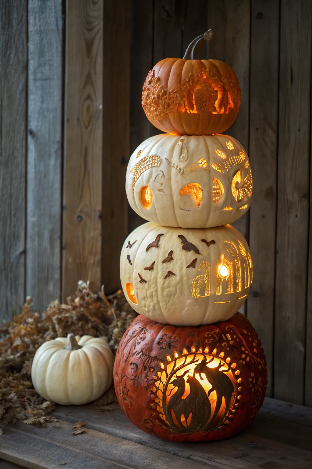 Elevate your carving skills with a whimsical stacked pumpkin tower—where craftsmanship meets creativity.