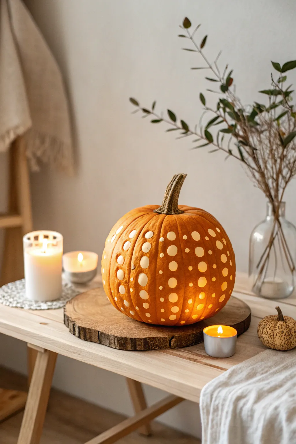 Illuminate your autumn nights with the simple elegance of a polka dot pumpkin.