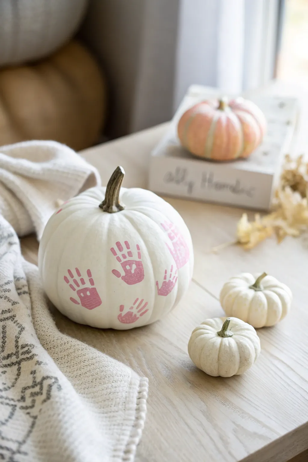 Capture precious memories with charming handprint art on pumpkins.