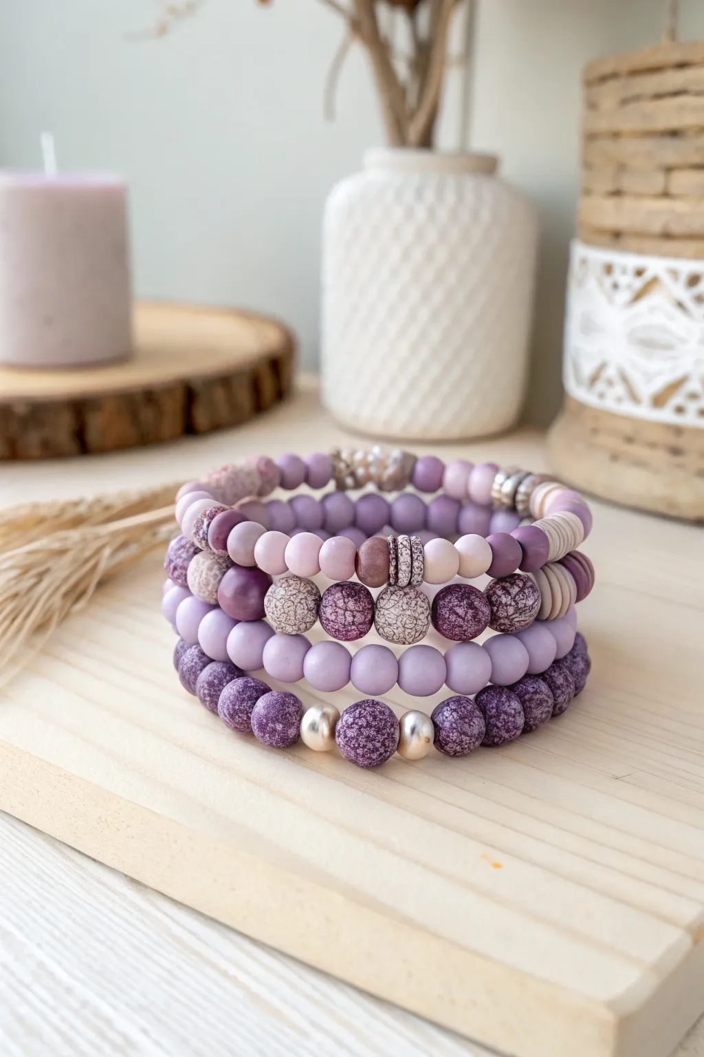Elevate your style with a stack of handcrafted purple clay bead bracelets—perfect for the minimalist with a Boho twist.