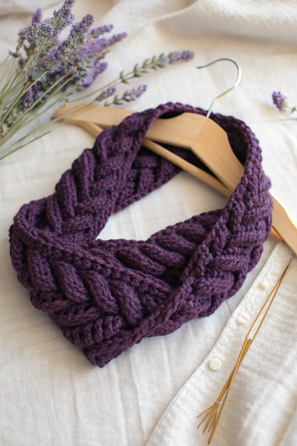 Embrace warmth and style with this handcrafted chunky headwarmer in stunning purple hues.