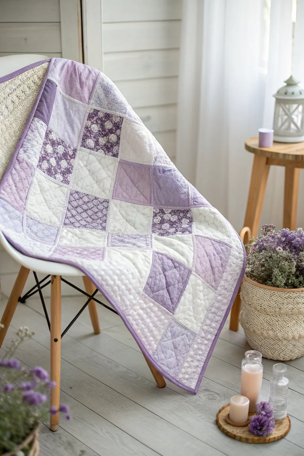 Embrace serenity with this pastel lavender quilt, perfect for a dreamy escape.