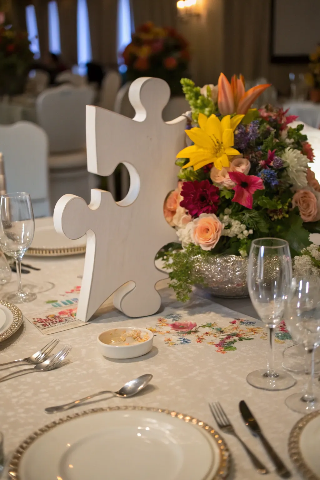 Puzzle piece centerpieces add a unique flair to your table settings.