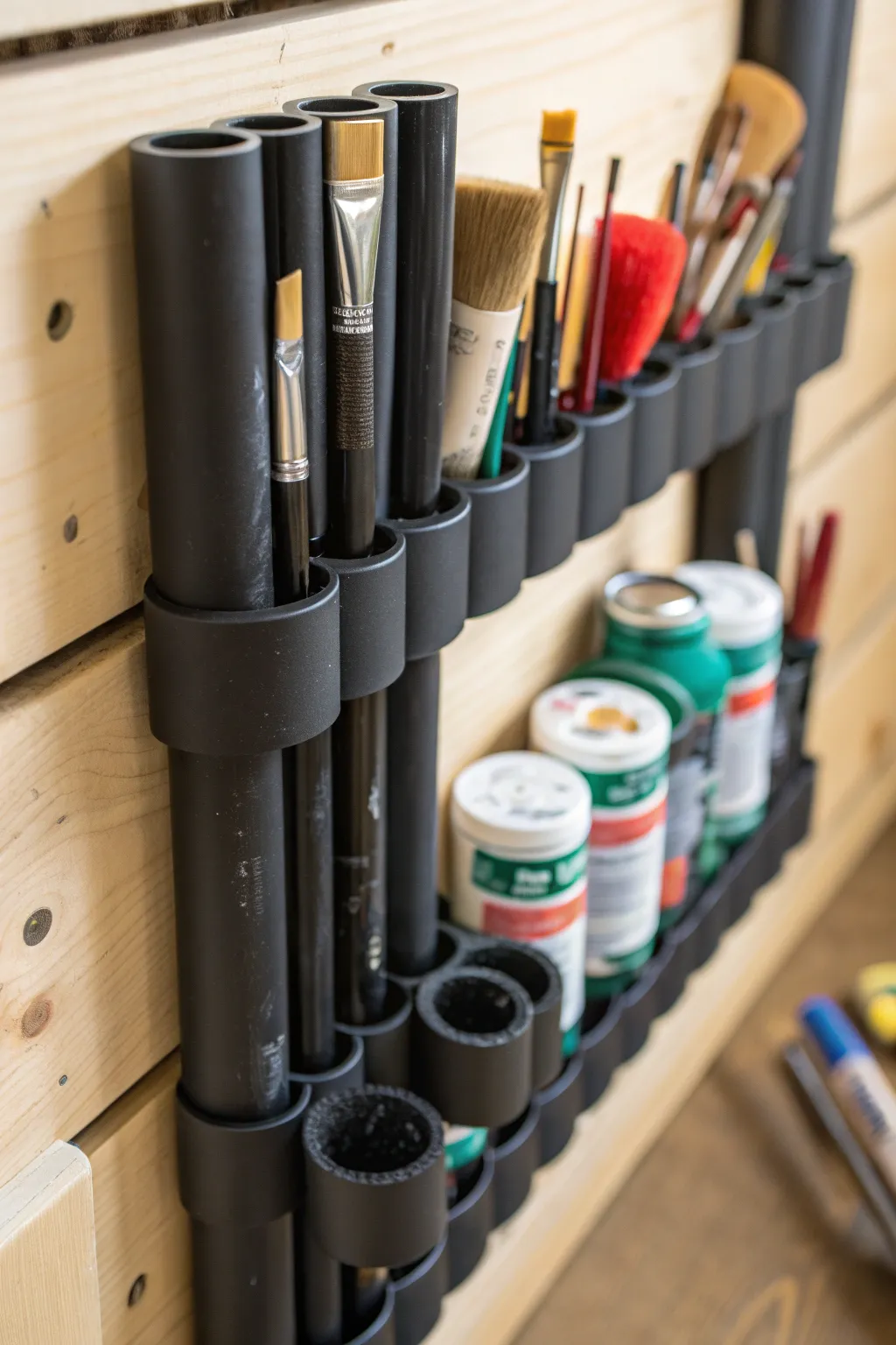 Elevate your craft space with stylish PVC pipe holders that showcase your tools and creativity!
