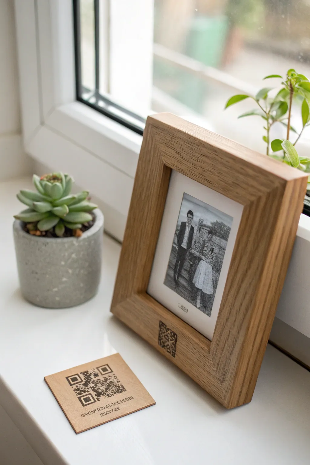 Capture memories in style: A minimalist photo frame with a secret digital touch.