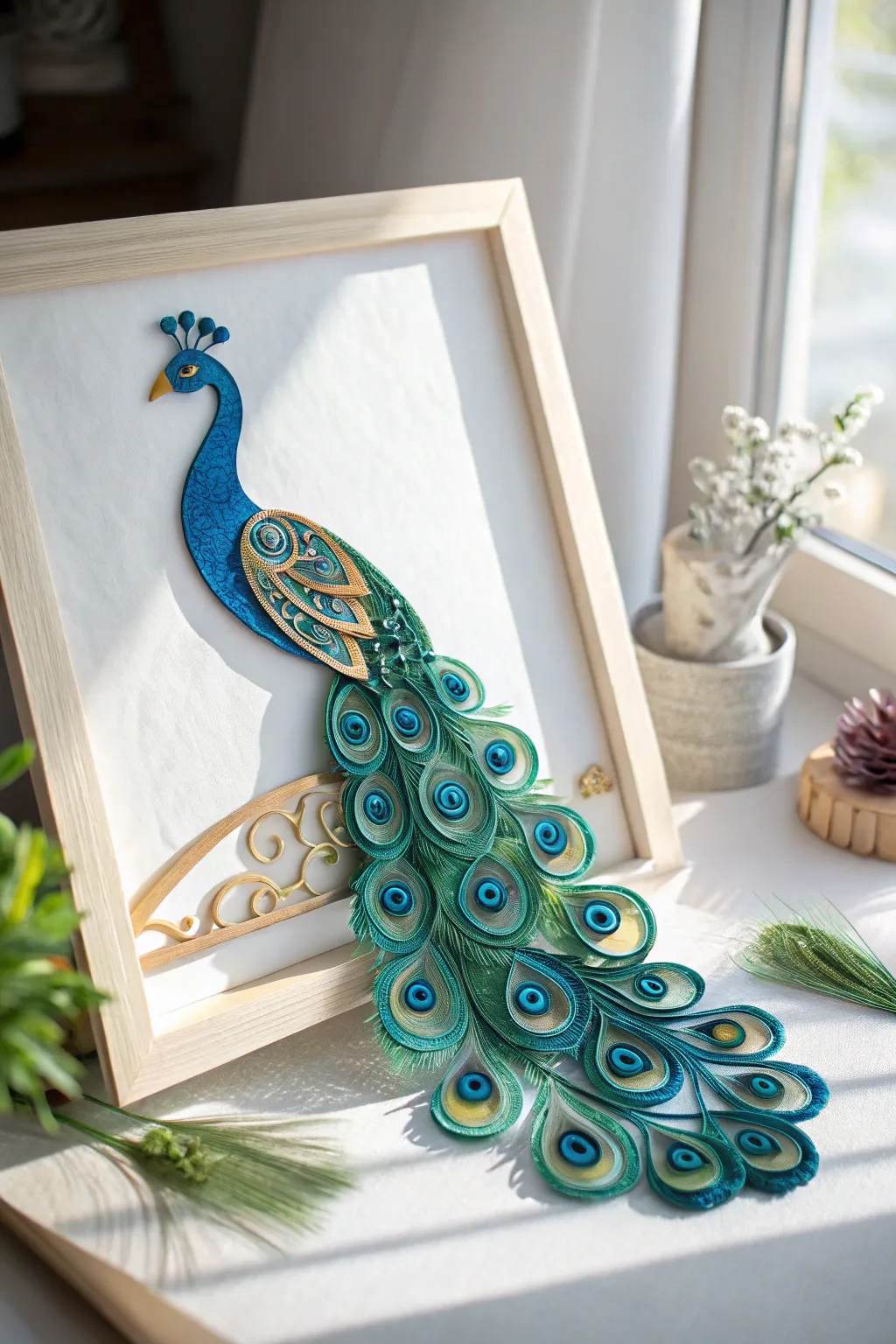 Embrace the art of quilling with this stunning peacock masterpiece, where vibrant colors meet minimalist elegance.