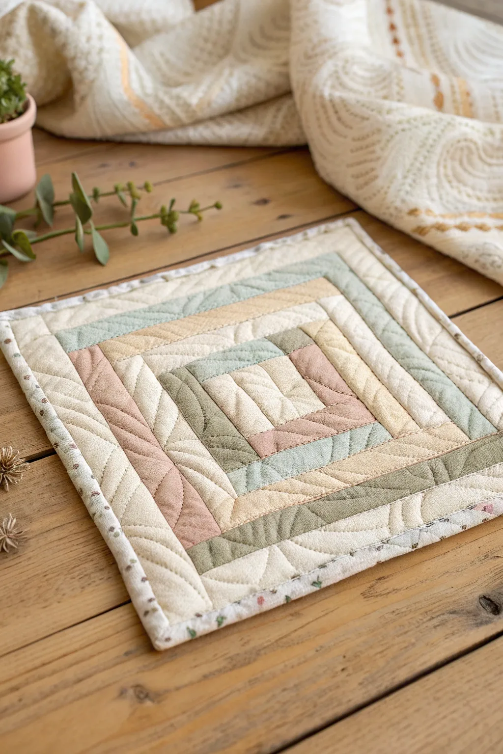 Discover the elegance of the Log Cabin Twist: simplicity meets craftsmanship in every stitch.