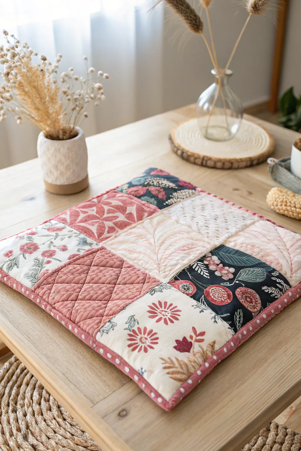 Discover the art of contrast with this beautifully crafted quilt square, where floral meets abstract in perfect harmony.