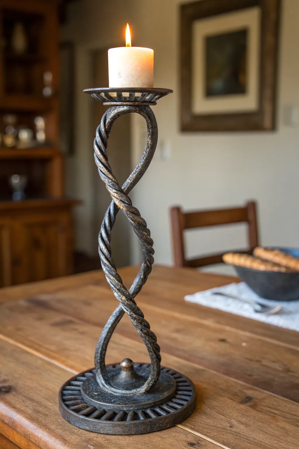 Illuminate your space with a touch of industrial elegance: Rebar-crafted candle holder.