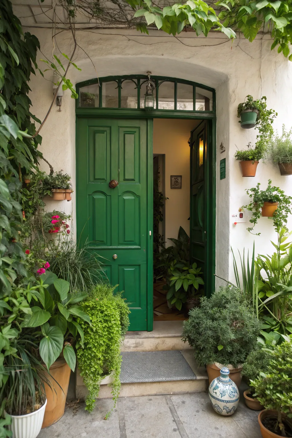 Lush greenery elevating the inviting ambiance of a recessed entryway.