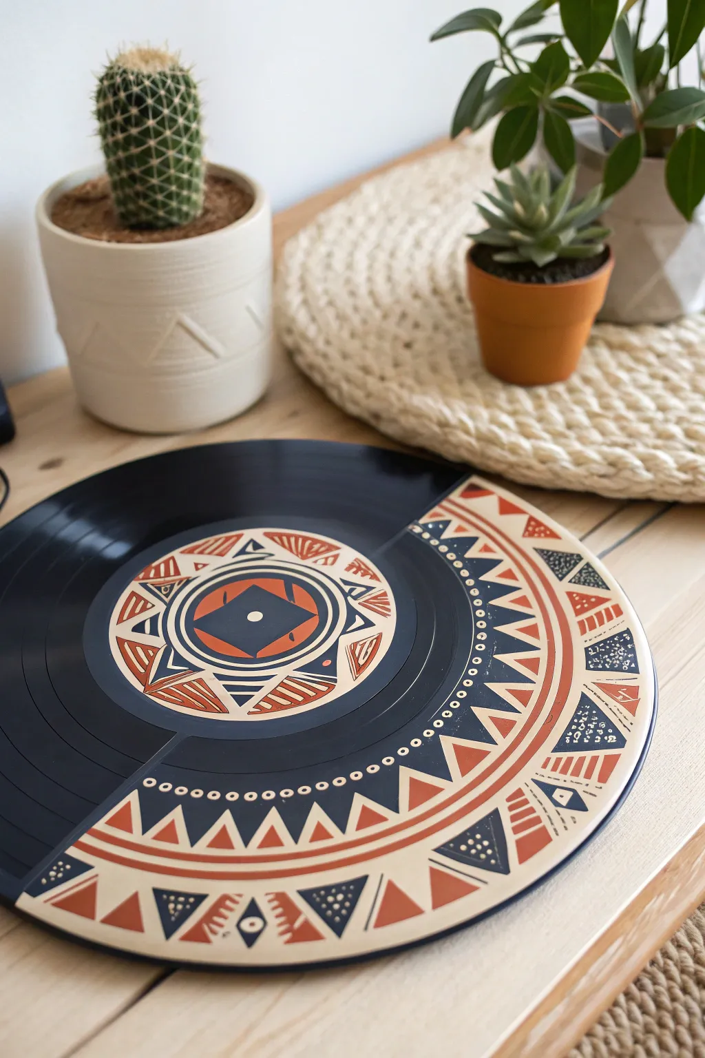 Transform your space with abstract geometric art on vinyl, where modern meets boho chic.