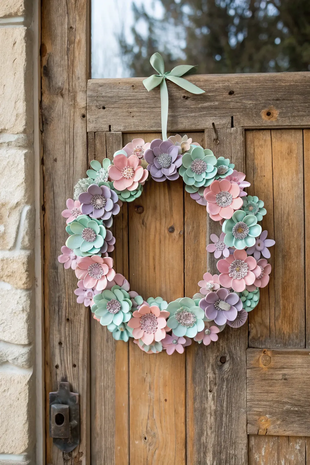 Transform egg cartons into a charming floral wreath—sustainable beauty with a touch of elegance!