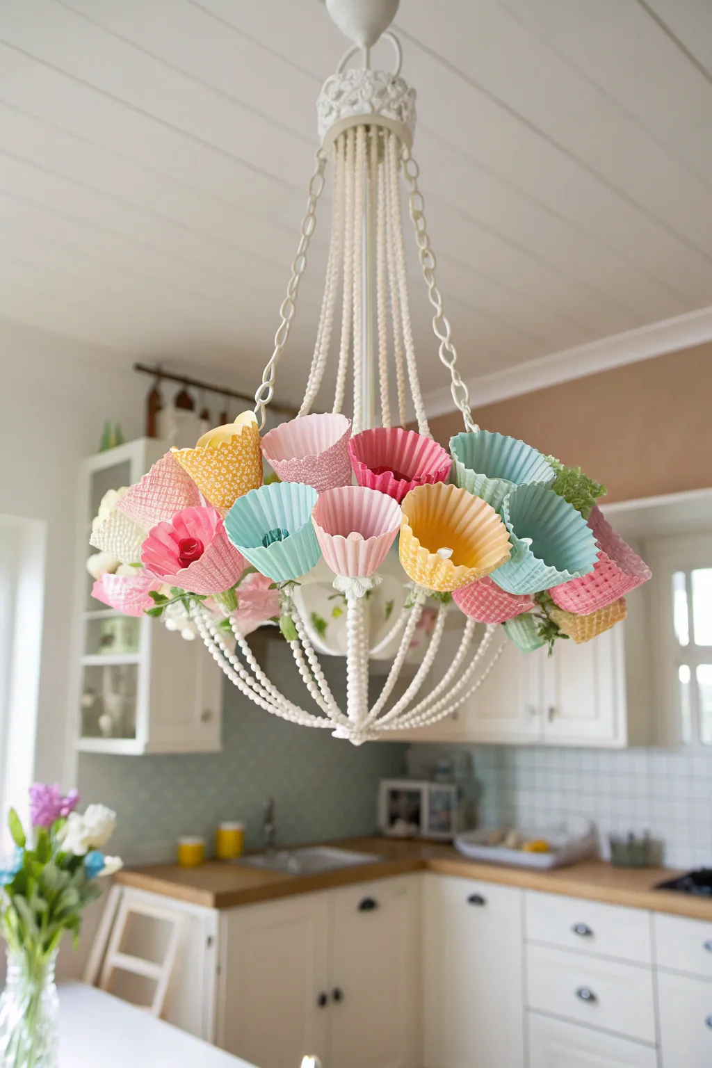 Transform your kitchen with a charming DIY cupcake liner chandelier that adds a pop of color and creativity!