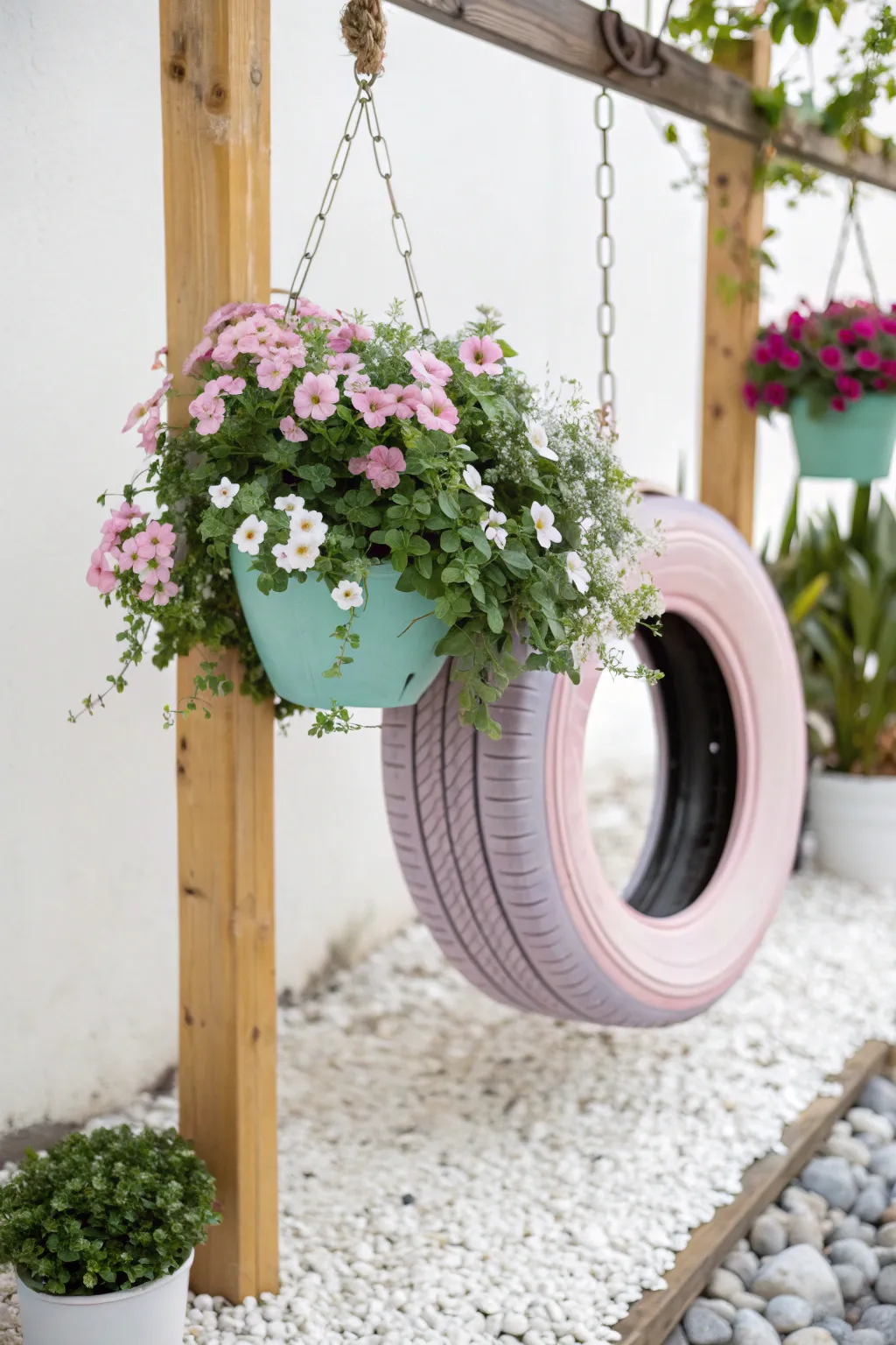 Transform old tires into eye-catching planters with a splash of pastel color for a chic garden update!