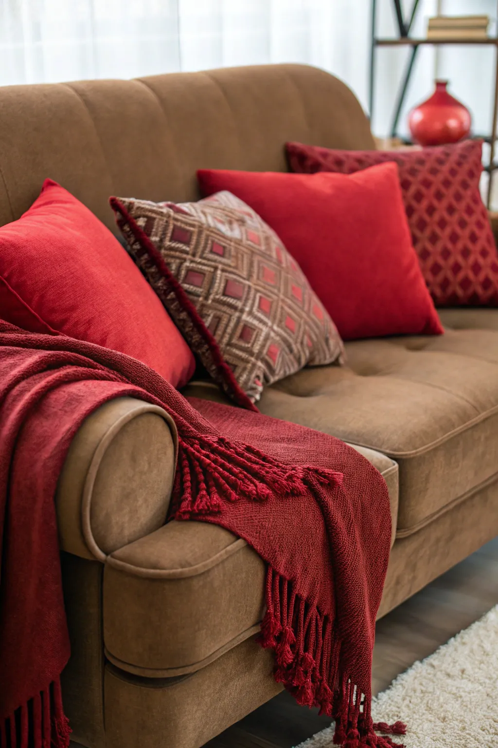 Red cushions and throws add warmth and style to brown furniture.