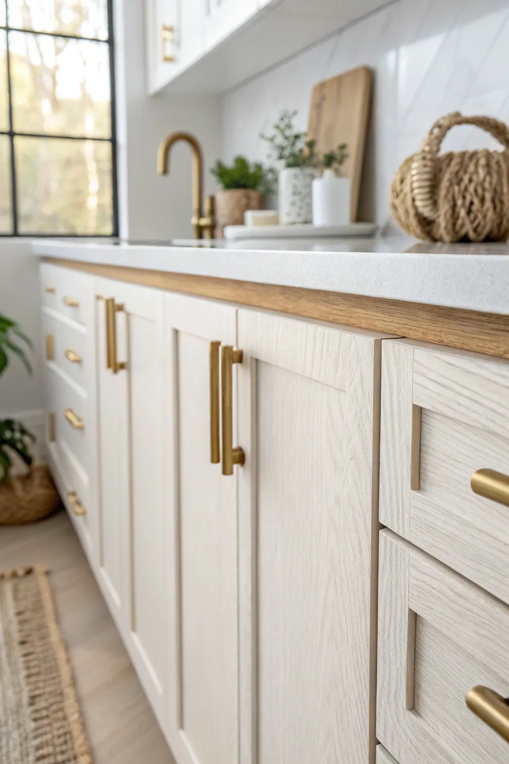 Transform your kitchen's look with a touch of elegance by updating to brushed gold handles. ✨ #KitchenMakeover #ScandiStyle