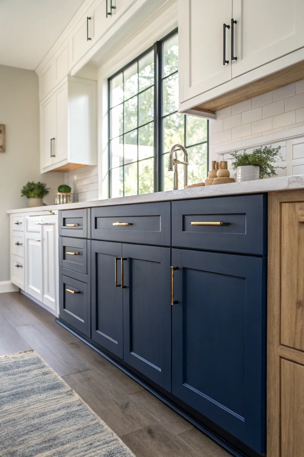 Discover the art of two-tone kitchen cabinets: A perfect blend of navy blue and white for a fresh, coastal vibe.