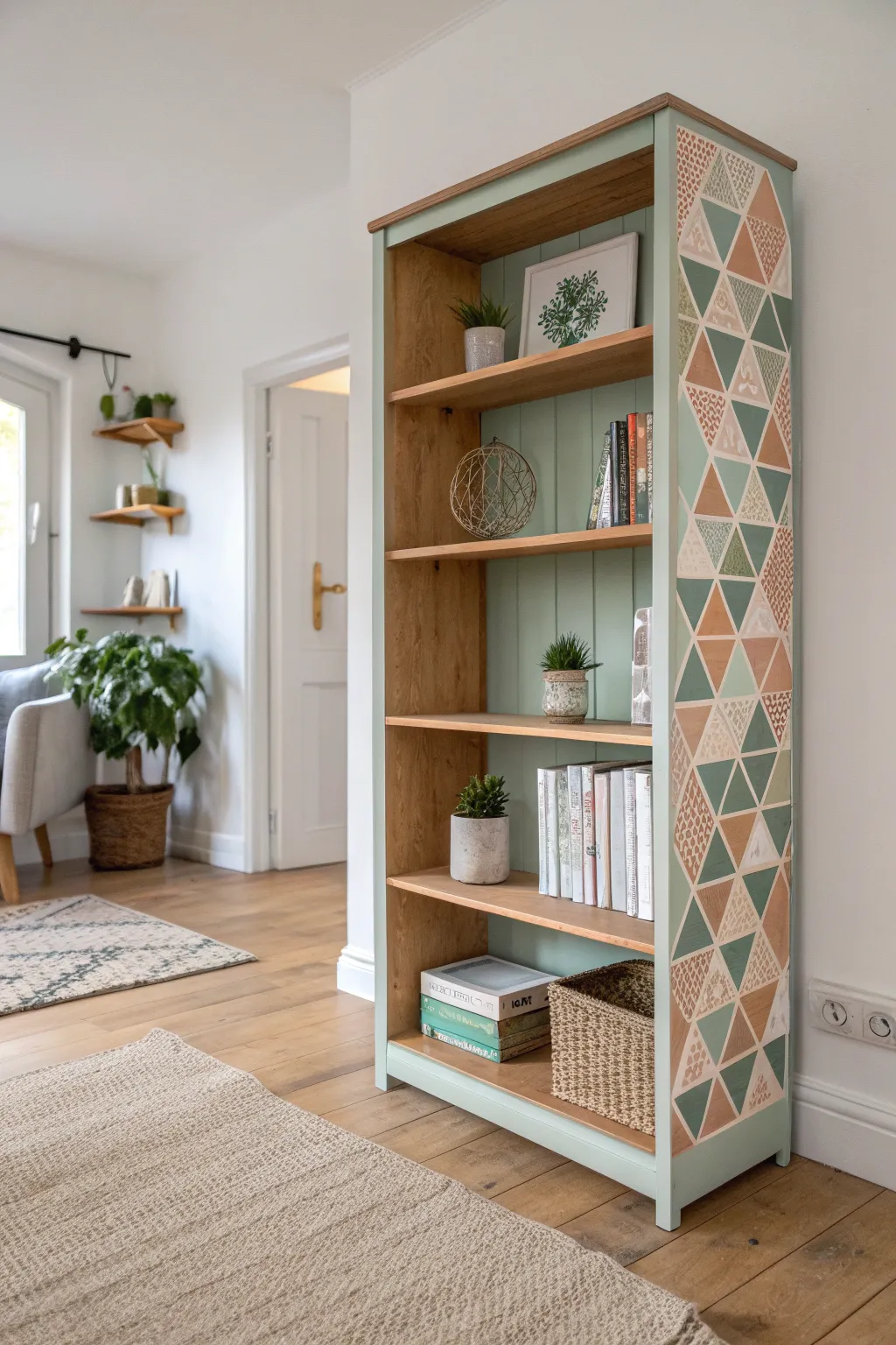 Transform your space with a touch of geometric artistry. This refurbished bookshelf is the perfect blend of minimalist design and boho charm.
