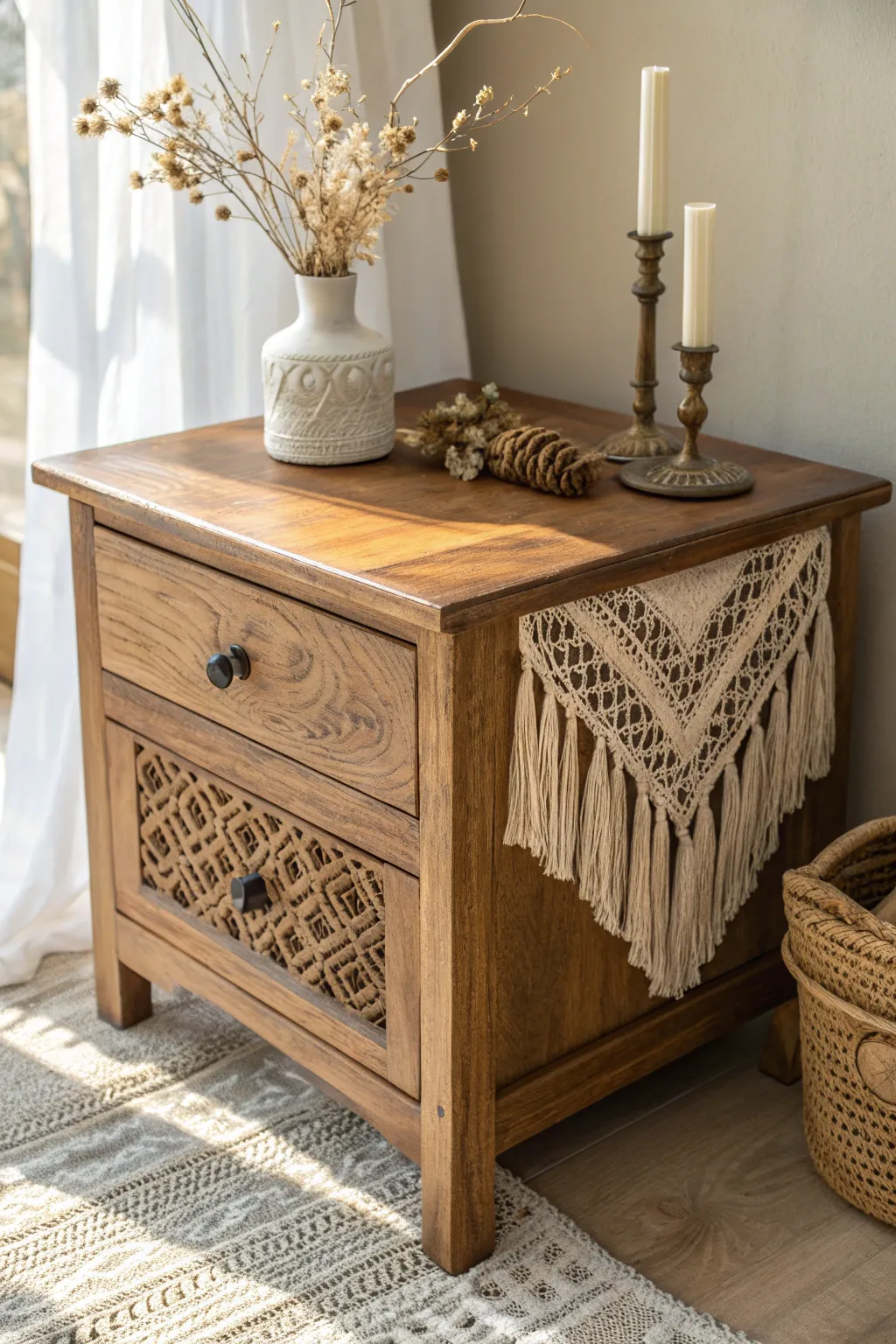 Embrace rustic elegance with a wood-stained nightstand that exudes cozy farmhouse charm.