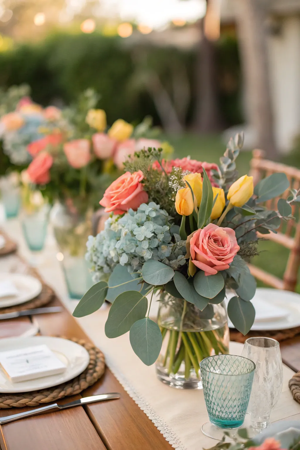 Eucalyptus leaves add a fragrant and fresh element to your table, pairing perfectly with delicate white blooms.