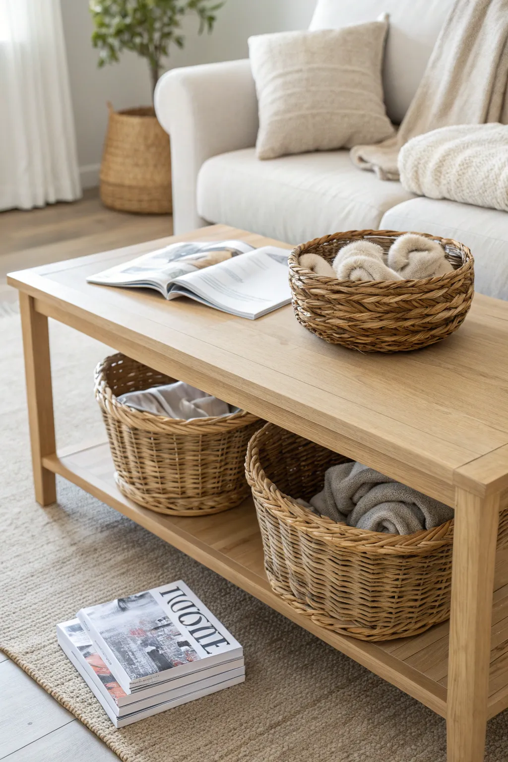 Elevate your space with chic storage solutions: a Scandinavian-style coffee table with a Boho twist!