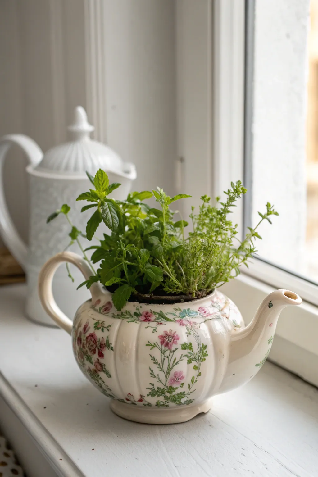 Whimsy meets nature: Transform a vintage teapot into a charming planter for your window.