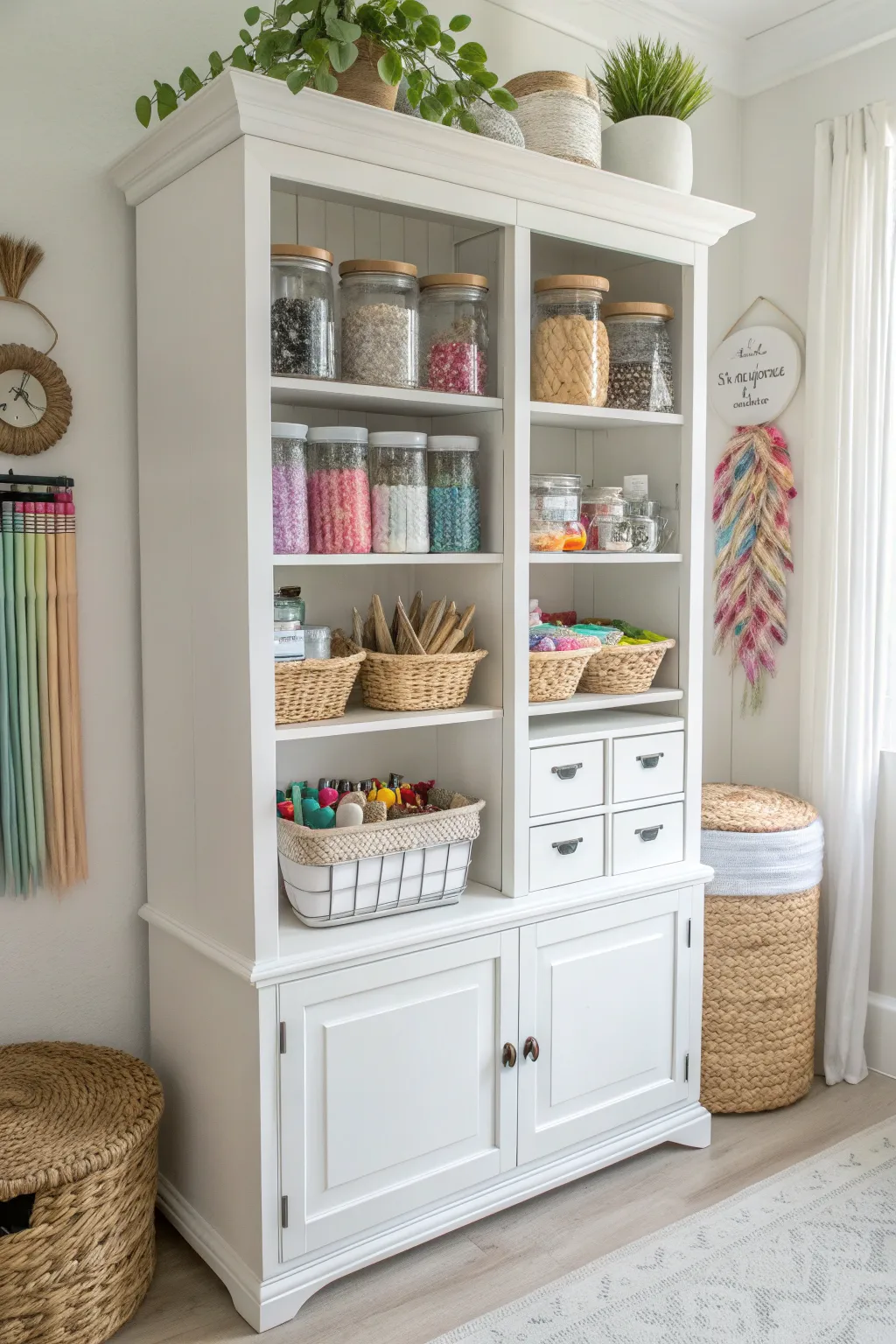 Transform your creative space with a beautifully repurposed china cabinet, perfect for organizing all your crafting essentials in style.
